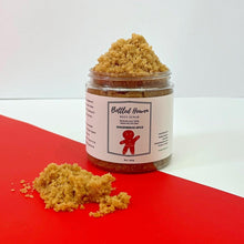 Load image into Gallery viewer, This is a brown sugar gingerbread body scrub! Body scrub container with the lid open so you can see the texture of the brown sugar scrub 
