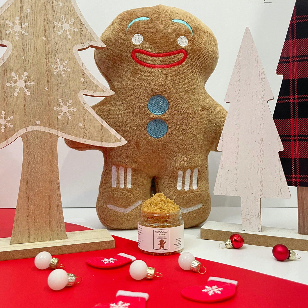 Gingerbread brown sugar lip scrub with christmas decorations 